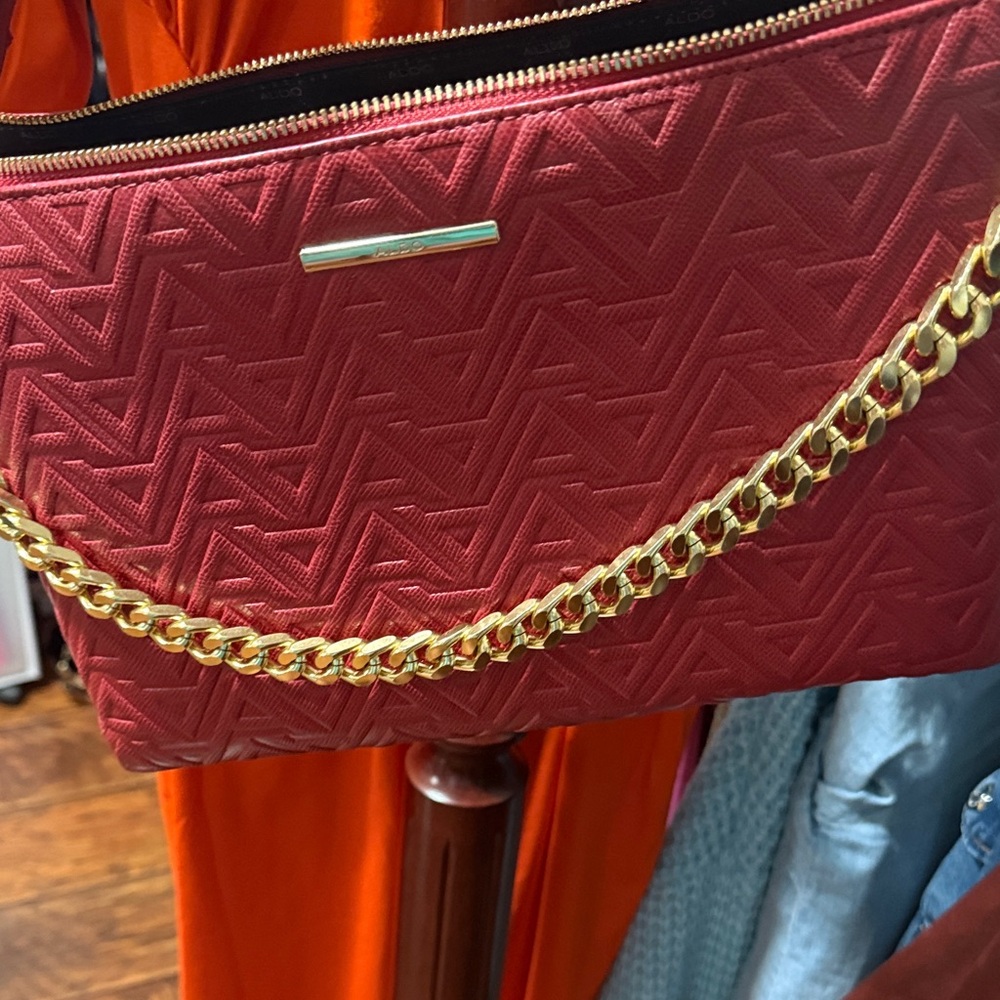 Aldo Red Textured Clutch with Gold Chain